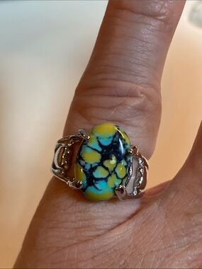 Silver Tone Mosaic Turquoise Look Statement Ring Size 5.5